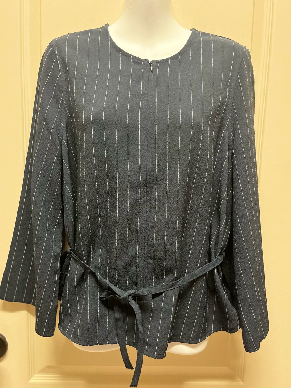 Ganni Navy Pinstripe Tie-Waist Long Bell Sleeve Unlined Blouse Classic EU36/ US4